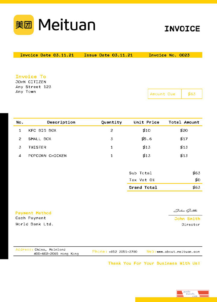 USA Meituan invoice template PSD template